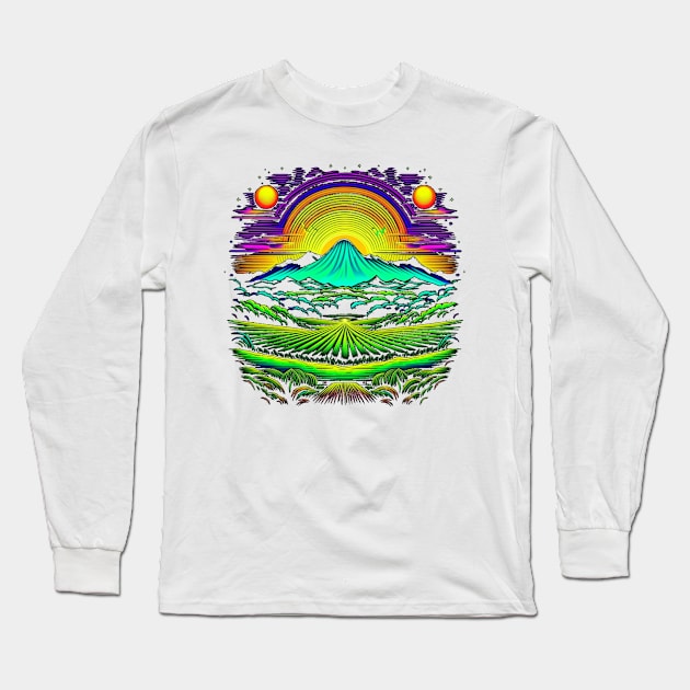 Suns, Mountain and Field on Alien Planet Long Sleeve T-Shirt by vystudio